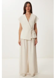 Happiness İstanbul بدلة بنطلون نسائية من الكتان الكريمي NO00020