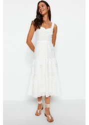  Collection White Waist Opening Midi Lined Embroidery Woven Dress TWOSS23EL00156