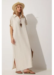 Happiness İstanbul فستان كتان صيفي طويل بقلادة كريمية للنساء ZH00015