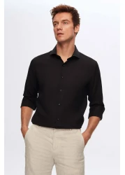 D'S Damat Black Slim Fit - Italian Collar Dobby Long Sleeve Easy to Iron Breathable Four Seasons