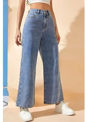 Trn JNS بنطلون جينز نسائي من الليكرا فضفاض باللون الأزرق الفاتح وخصر عالي فضفاض من قماش الدنيم