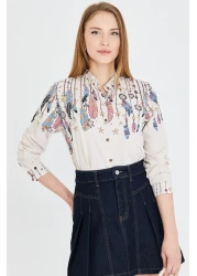 armonika Women's Light Beige Judge Collar Patterned Shirt Arm-25Y 001013