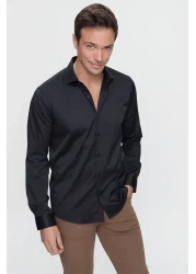 Morven Men's Black Slim Fit Slim Fit Solid Hard Neck Long Sleeve Shirt