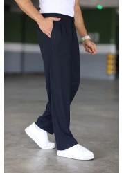 Bürke بنطال فضفاض باللون الأزرق الداكن - طيات مزدوجة، خصر مطاطي، مقاس مريح، ساق واسعة