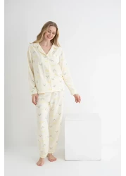 DOFİ طقم بيجامة Aerobin أصفر بأزرار للنساء - نمط الكرز، مناسب للصيف وملابس المنزل