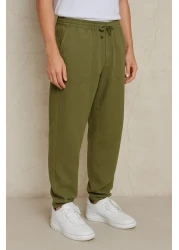 Royalside بنطال رجالي من الكتان الكاكي فضفاض برباط