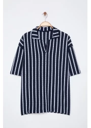  Collection Limited Edition Navy Blue Striped Knitwear Look Polo Neck T-Shirt Tmnss25Po00011