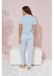 Siyah İnci طقم بيجامة محبوكة مخططة باللون الأزرق ونمط الزهور