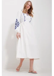 Trend Alaçatı Stili Women's White V-Neck Lined Linen Embroidered Midi Dress ALC-X11569