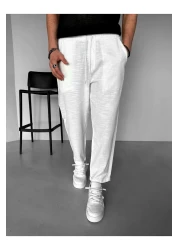 ablukaonline Men's Comfortable Fit Cotton Cool-Keeping Elastic Waist Summer Linen Trousers White