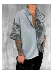 ablukaonline Men's Short Sleeve Patterned Oversize Shirt Gray