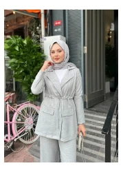 VOLT CLOTHİNG Women's Waist Drawstring Linen Jacket Pants Set