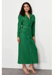  Modest Khaki Belted Linen Look Woven Shirt Dress TCTSS24EB00017