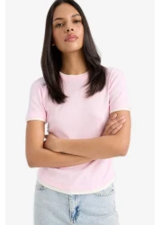 Defacto Slim Fit Slim Fit Crew Neck Basic Plain Ribbed Short Sleeve Pink T-Shirt F3504Ax25Sm