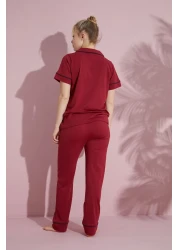 PİJAMOOD طقم بيجامة نسائي من القطن بأكمام قصيرة وأزرار أمامية باللون العنابي