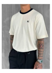 ablukaonline Men's Contrast Detailed Oversize Basic T-Shirt Cream