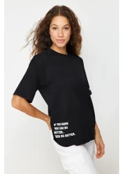  Collection Black 100% Cotton Slogan Printed Oversize/Wide Fit Crew Neck Knitted T-Shirt TWOSS23TS00183