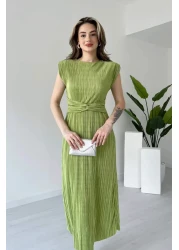 MODAMİNEM فستان نسائي بطيات باللون الأخضر الفستقي مع تفاصيل أربطة