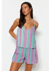  Collection Multicolor Striped Rope Strap Woven Pajama Set with Viscose Shorts Thmss23Pt00225
