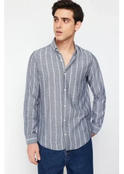  Collection Navy Blue Striped Slim Fit Shirt - Button Collar TMNSS22GO0028