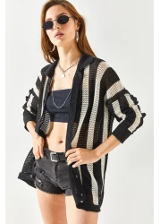 Olalook Women's Black Stone Striped Oversize Cotton Knitwear Shirt GML-19001128