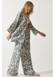 Happiness İstanbul بدلة بنطلون كيمونو بالازو بنمط رمادي على شكل عظمة للنساء EN00614