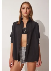 Happiness İstanbul Women's Black Oversize Basic Poplin Shirt BH00420