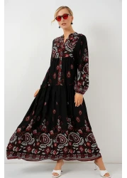 Bigdart 2423 Authentic Patterned Hijab Dress - Black - Claret Red
