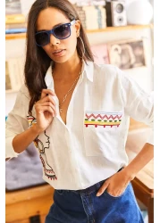 Olalook قميص نسائي كاجوال من الكتان المنسوج مع جيوب وتطريز GML-19001009