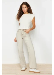  Collection Beige 100% Cotton Wadding Look Basic Crew Neck Knitted T-Shirt TWOSS20TS0021