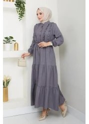 HARMAN BUTİK فستان نسائي من الكتان الرمادي بأزرار مكشكشة