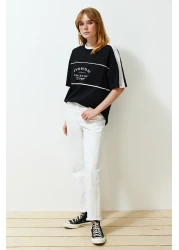  Collection Black 100% Cotton Color Blocked Slogan Oversize/Wide Fit Knitted T-Shirt TWOSS24TS00132