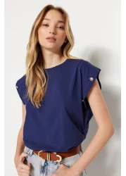  Collection Navy Blue 100% Cotton Button Detailed Wadding Appearance Basic Crew Neck Knitted T-Shirt TWOSS23TS00016