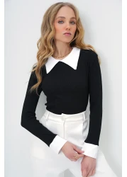 Trend Alaçatı Stili قميص أسود طية صدر السترة كتلة اللون بروتيل المرأة بلوزة - ALC-X13511