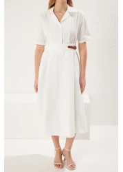  Collection White A-Line Pleat and Belt Detail Poplin Lining Midi Woven Dress Twoss25El00060