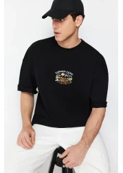  Collection تي شيرت قطني أسود مطرز كبير الحجم - كم قصير، TMNSS23TS00243