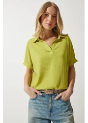 Happiness İstanbul Women's Oil Green Polo Neck Knitted Crinkle Blouse DD01299
