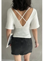 Fav Style Women's Short Sleeve Double Breasted Neck Back V Cross Band Detail Blouse White