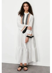  Modest Ecru Embroidery and Tassel Detailed Woven Dress TCTSS24EB00134