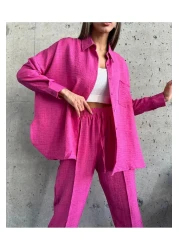 İkmal Women's Fuchsia Double Linen Shirt Pants Bottom Top Set