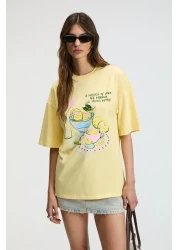 GRIMELANGE Nitza Women's 100% Cotton Oversize Crew Neck Yellow T-Shirt