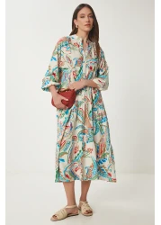 Happiness İstanbul Women's Cream Blue Patterned Buttoned Summer Viscose Dress Cr00429