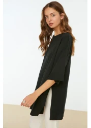  Collection Asymmetrical Boyfriend Cut Knitted T-Shirt - Black, Double Sleeve, Wide - Twoss20Ts0828