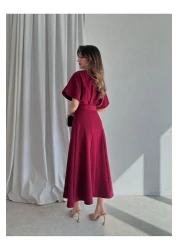 LİBAS فستان متوسط ​​الطول بتفاصيل حزام فستان باللون العنابي