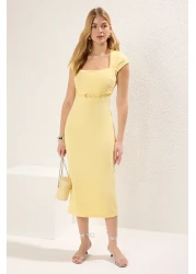  Collection Light Yellow Belted Straight Body-Hugging Midi Woven Dress Twoss25El00211