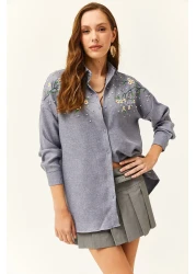 Olalook Women's Indigo Embroidered Pearled Wool Effect Oversize Winter Shirt