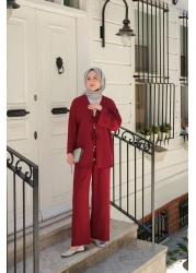 LOCCO بدلة نسائية بتفاصيل ربط أمامي باللون الأحمر الداكن