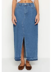  Collection تنورة طويلة من قماش الدنيم باللون الأزرق الداكن - تفاصيل الشق TWOSS23ET00289