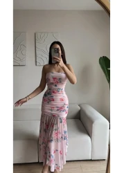 Zoom Butik Floral strapless Draped dress - pink