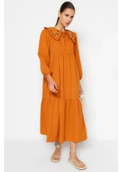  Modest Cinnamon Embroidery Detailed Linen Look Woven Dress Tctss23Eb00257